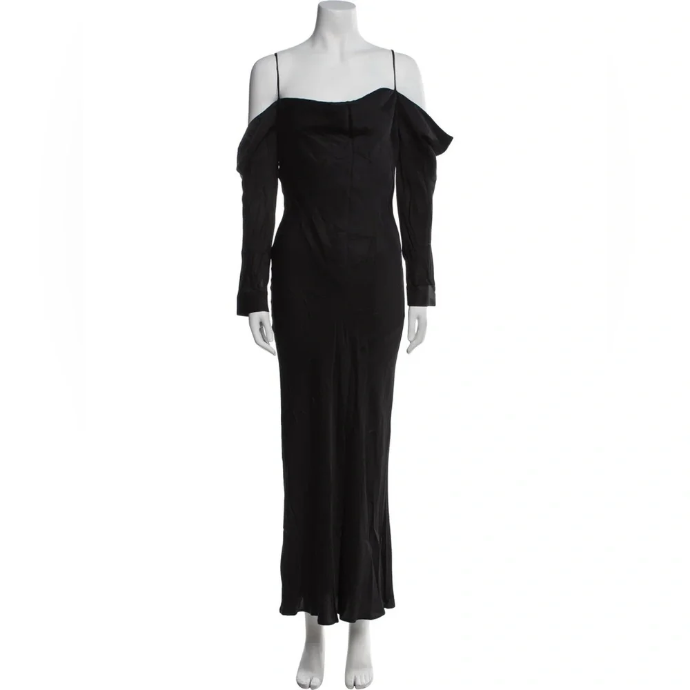 L'Agence "Juniper" Black Cold Shoulder Satin Maxi Dress Gown - US 0 / XS - Picture 6 of 8